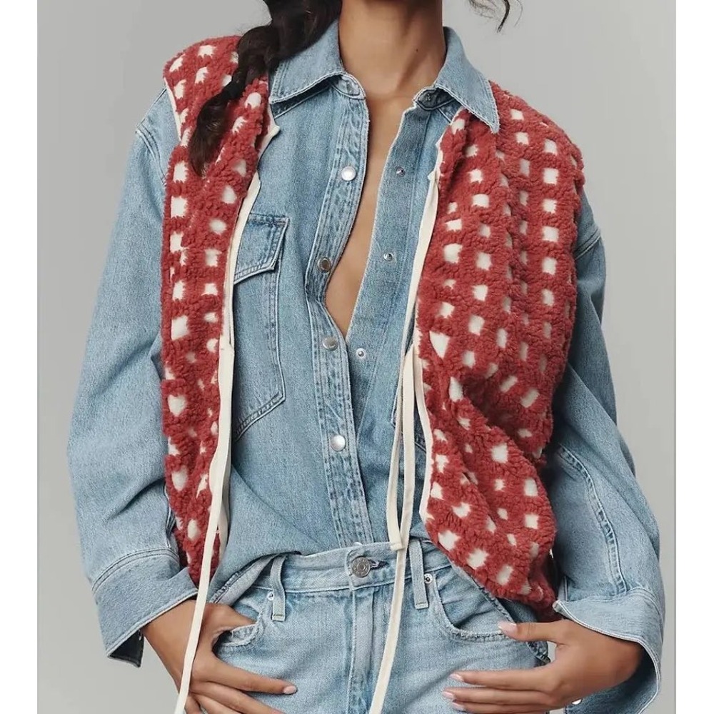 Anthropologie Red Checkered Fleece Tie Front Vest One Size OS JK THINGS VEST